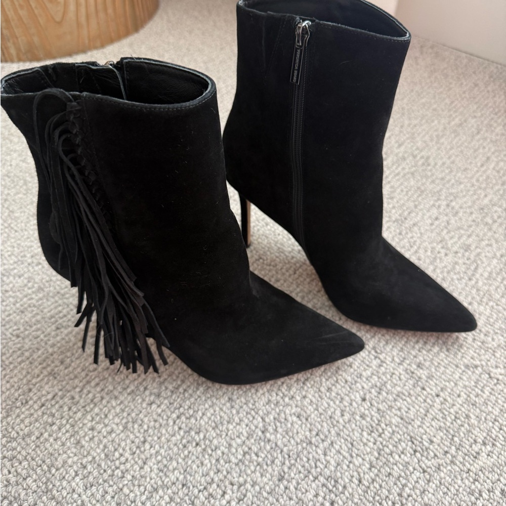 Veronica Beard Lisa Black Suede Fringe Pointed Toe Booties 8.5